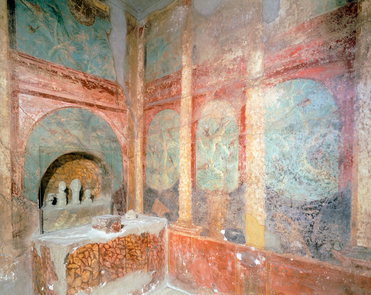 Rom dedikert til hjemlig tilbedelse av Lares, House of Menander, Pompeii, Campania, romersk sivilisasjon av Roman Roman