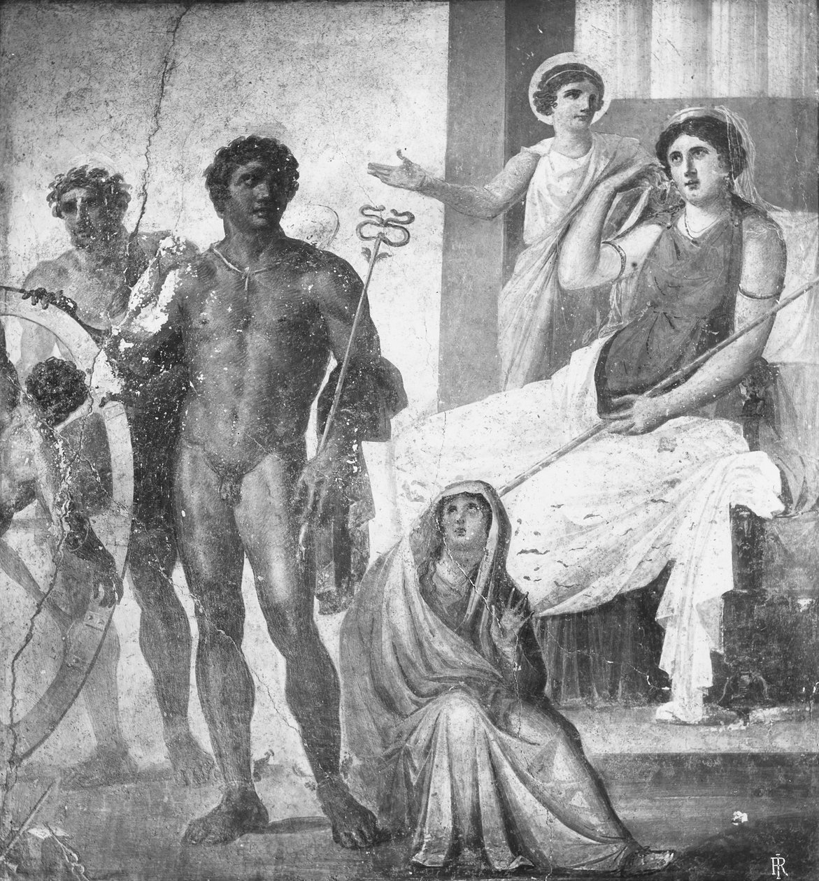 Scene av torturen til Ixion, detalj fra Casa dei Vettii (Vettiienes hus) ca. 63-79 e.Kr. (fresco) (s/hvitt foto) av Roman Roman