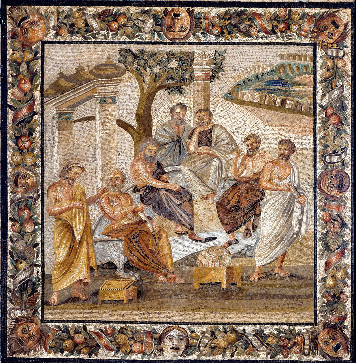 Akademiet til Platon: filosofen som sitter i sentrum, underviser en gruppe disipler fra Akademiet i Athen (grunnlagt av ham i 378 f.Kr.) - Mosaikk funnet i Boscotrecase, nå utstilt på Nasjonalmuseet, Napoli. - Platons akademi: filosofen - av Roman Roman