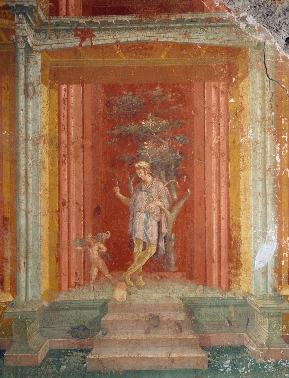 Teaterscene, freskomaleri (IV-stil) på rød bakgrunn fra House of Pinarius Cerialis, Pompeii (Unescos verdensarvliste av Roman Roman