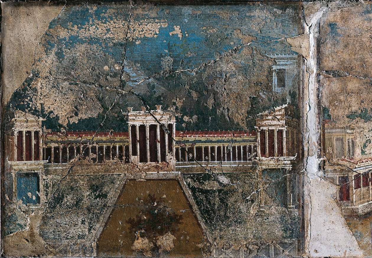 Tredje stilfreskomaleri som viser arkitektonisk landskap, detalj av bygningen avgrenset av søylegang, fra Pompei av Roman Roman