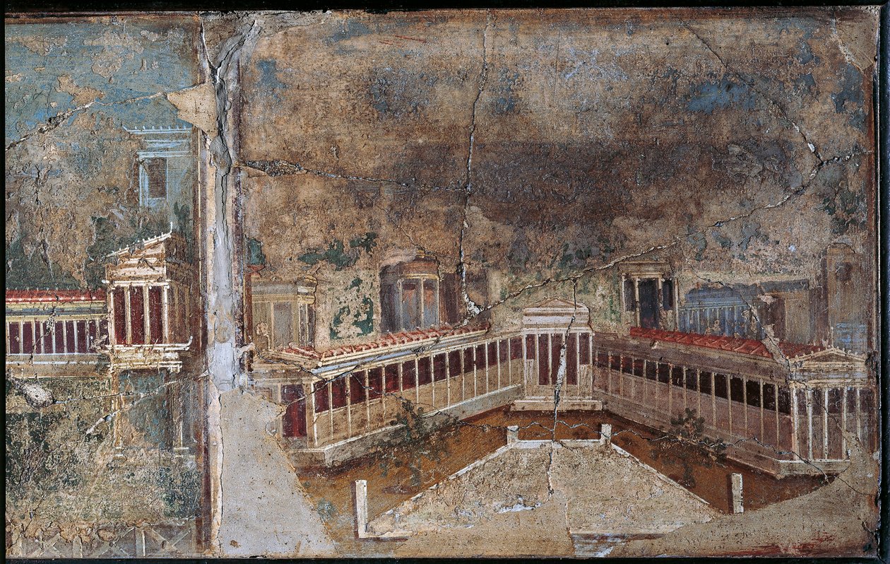 Tredje stilfresko som viser arkitektonisk landskap, detalj av søylegang, fra Pompeii av Roman Roman