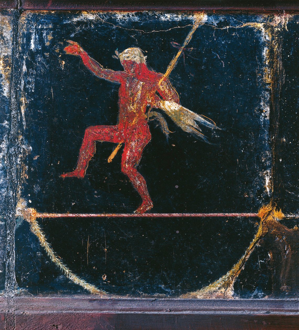 Tredje stilfresko som viser Funambolist Seleni, detalj av Silenus som holder thyrsus, fra den såkalte Villa of Cicero i Pompeii av Roman Roman