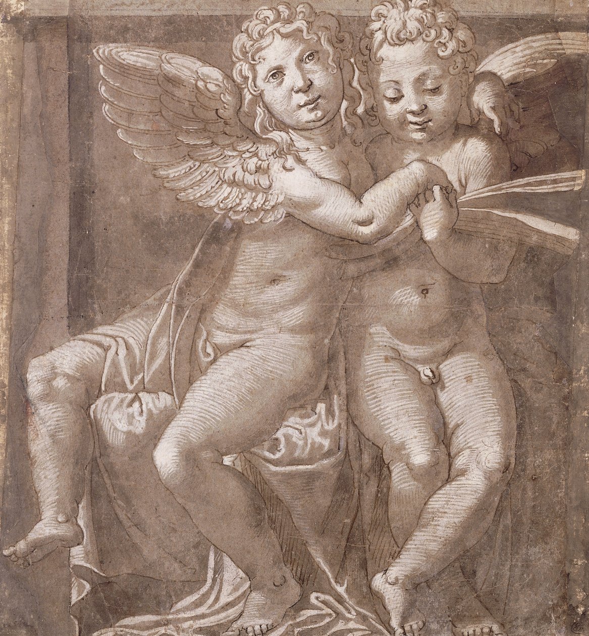 To sittende engler synger, etter Polidoro da Caravaggio (penn og brunt blekk brun vask med hvitt på gråblått papir) av Roman School