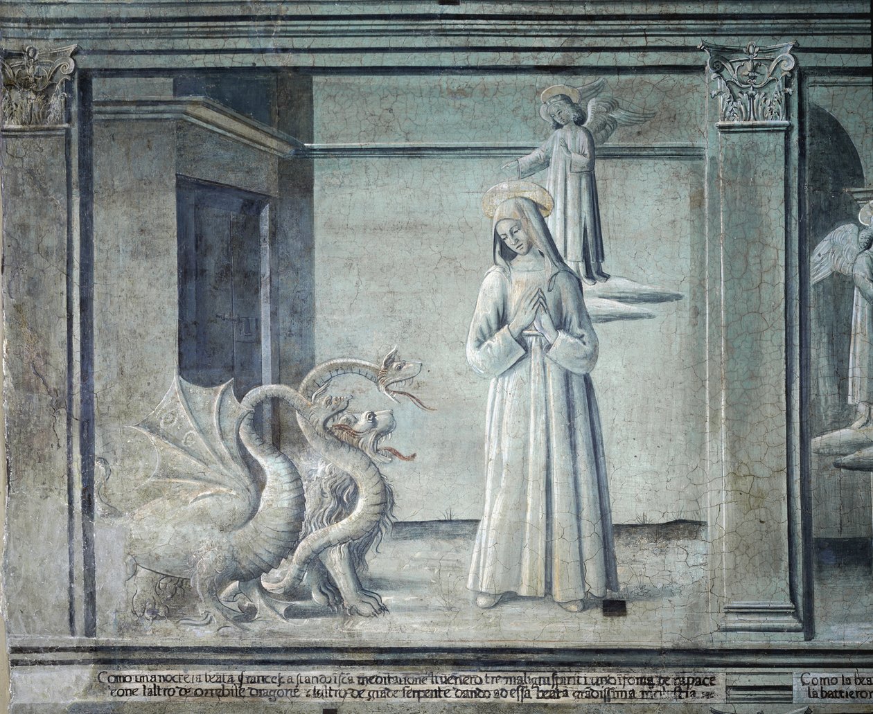 Livet til Saint Francoise Romaine, forfulgt av demoner i form av monstre, fra den romerske skolen av Roman School