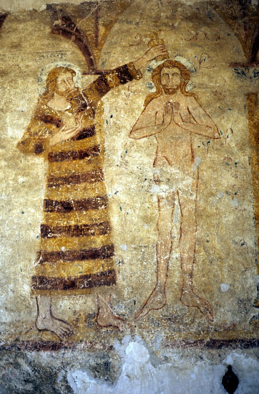 Vegmalerier fra 1100-tallet ved den romanske sognekirken Asnieres sur Vegre (Sarthe) som viser Kristus døpt av døperen Johannes. av Romanesque