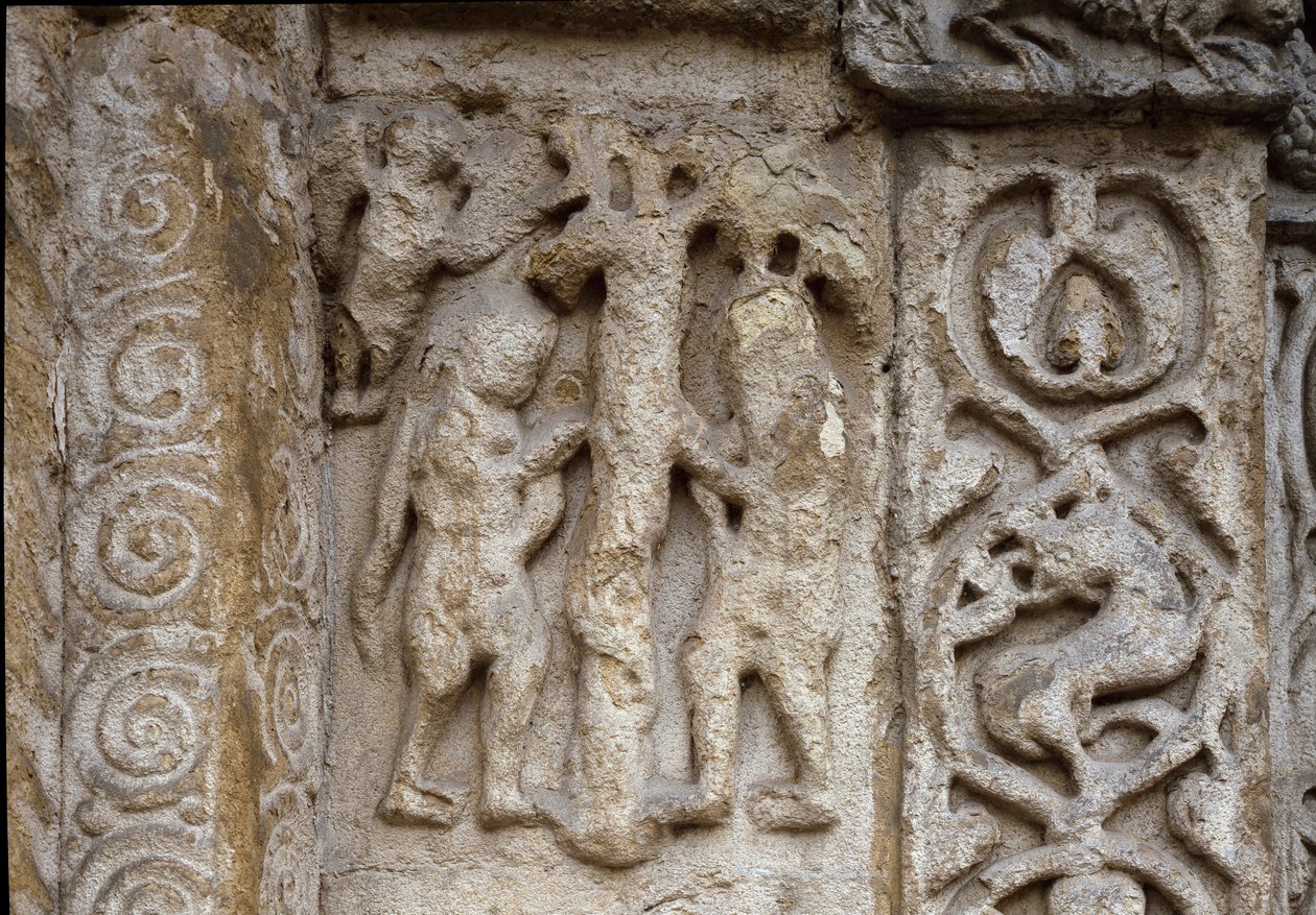 Adam og Eva. Detalj av fasaden til basilikanen, tidlig på 1100-tallet (relieff) av Romanesque