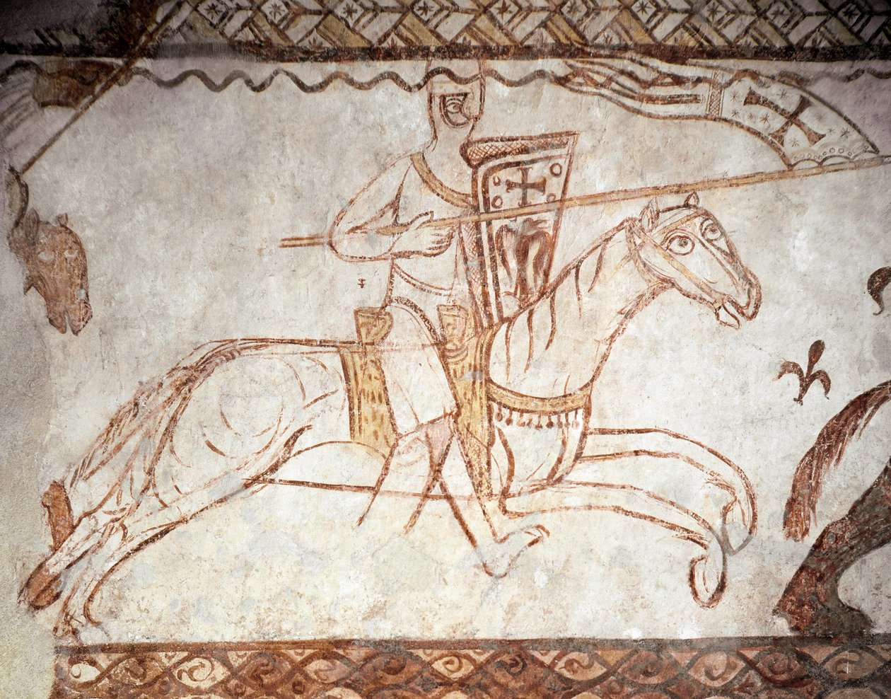Korstog: Ridder av Tempelherreordenen. Romansk kunst. freske av kapellet i Cressac (Cressac-Saint-Genis en Charente) av Romanesque