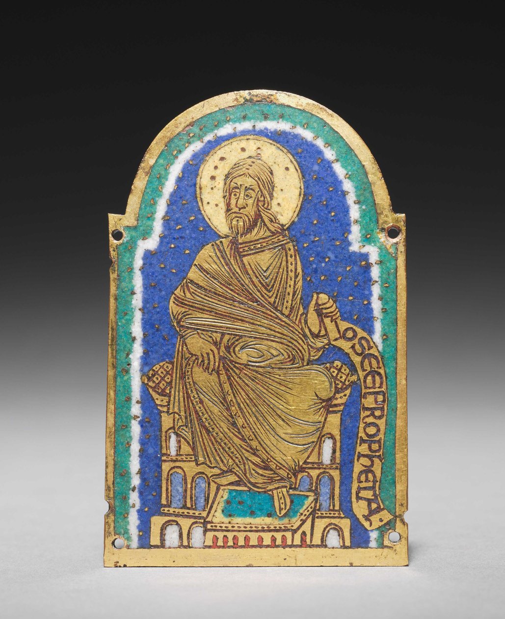 Plaque: Seated Prophet from a Reliquary Shrine: Osea (Hosea), c.1170-1180 (gilded copper, champlevé enamel) av Romanesque