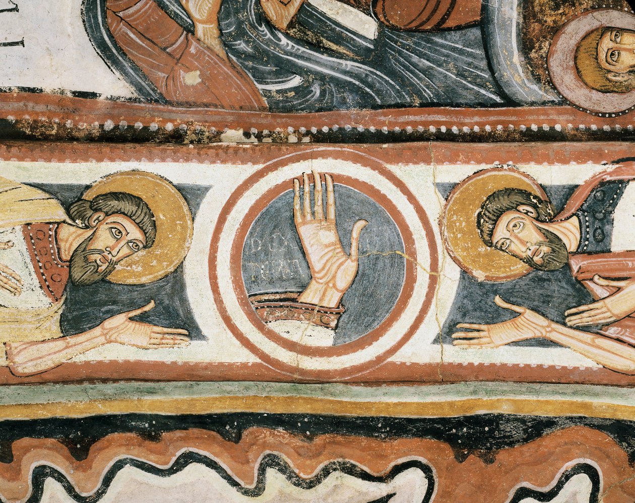 Romansk kunst: "" Guds høyre hånd og patriarkene Elijah og Henoch (eller Enok). Detalj. Freskomaleri av Leon-skolen (Spania). 1132. Helligdommen til Jomfruen til Jomfru del Camin av Romanesque
