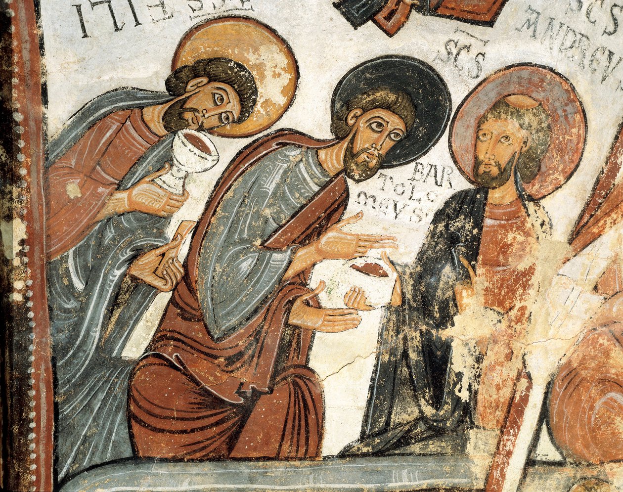Romansk kunst: "" apostlene Philip, Barthelemy og Andre "" Fresco of the Vote of the Cene, Church of St. Isidore 12. århundre Real Colegiata of San Isidoro, Leon av Romanesque