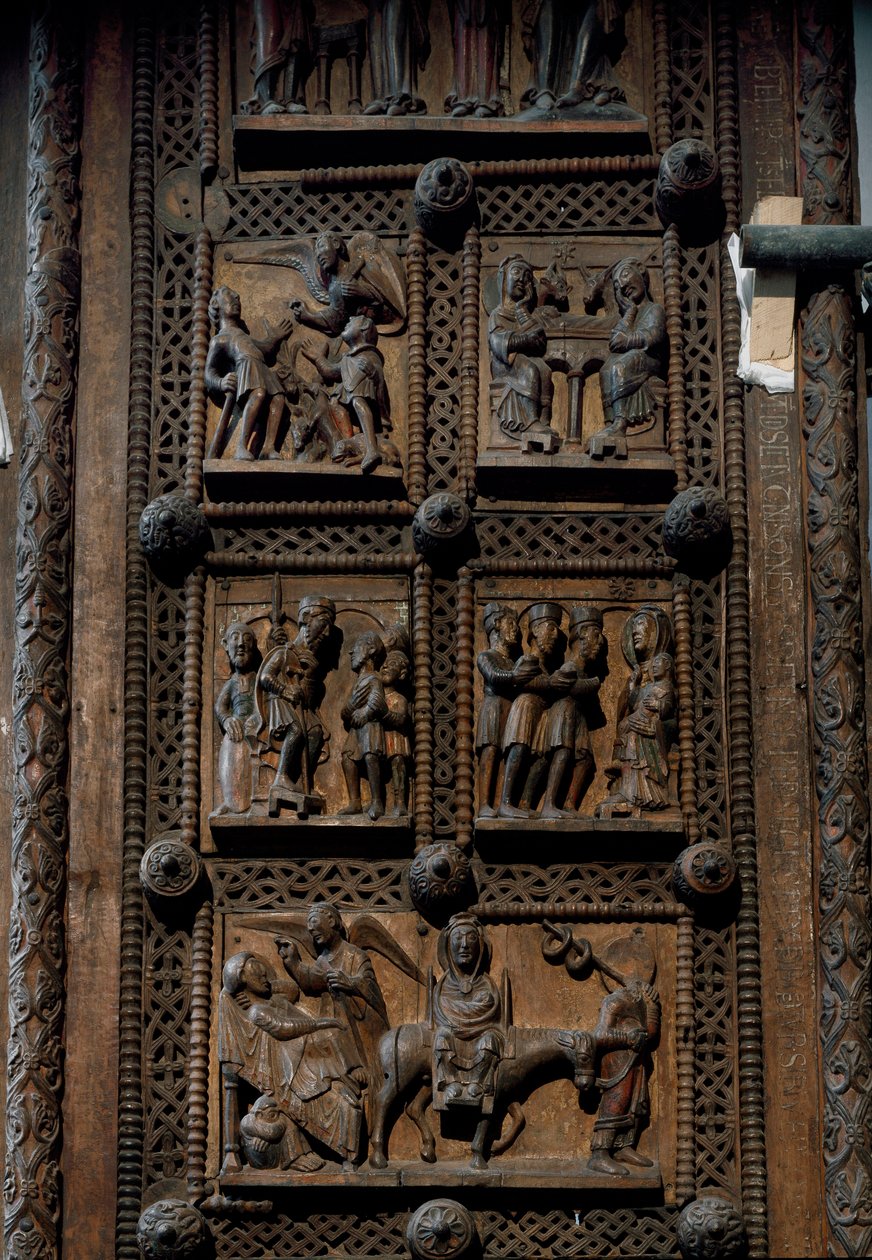 Romansk kunst: tredør fra midten av 1100-tallet til kirken St. Mary of the Capitol i Köln, Tyskland (Sankt Maria im Kapitol, Köln). Scener som skildrer kunngjøringen til hyrdene, fødselen, tilbedelsen av magiene og av Romanesque
