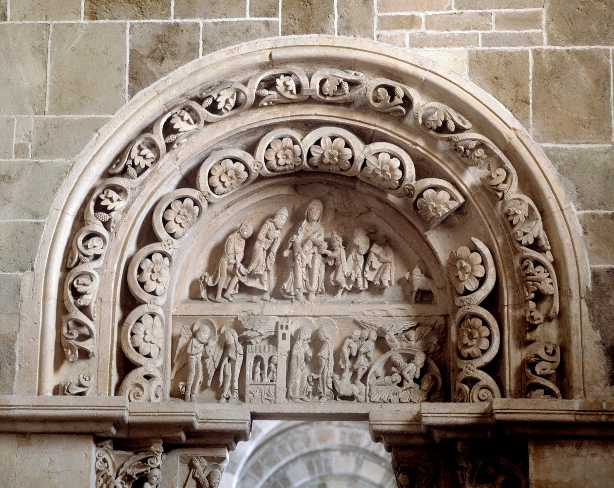 Sørportalen: kunngjøringen, besøket, fødselen og tilbedelsen av magi (skulptur) av Romanesque