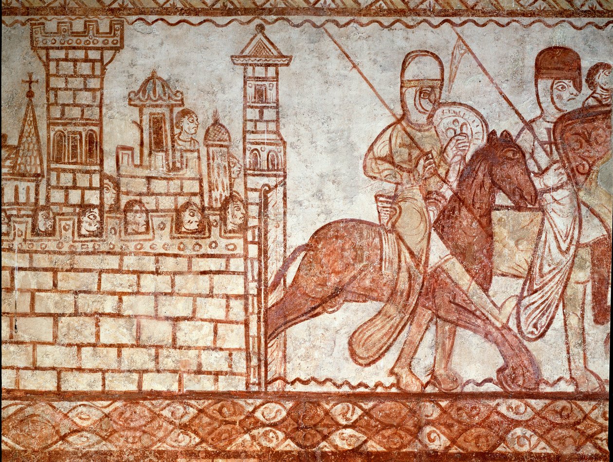 Beleiringen av Damaskus (detalj av fresken av kapellet til templarene til Cressac Saint Genis) av Romanesque