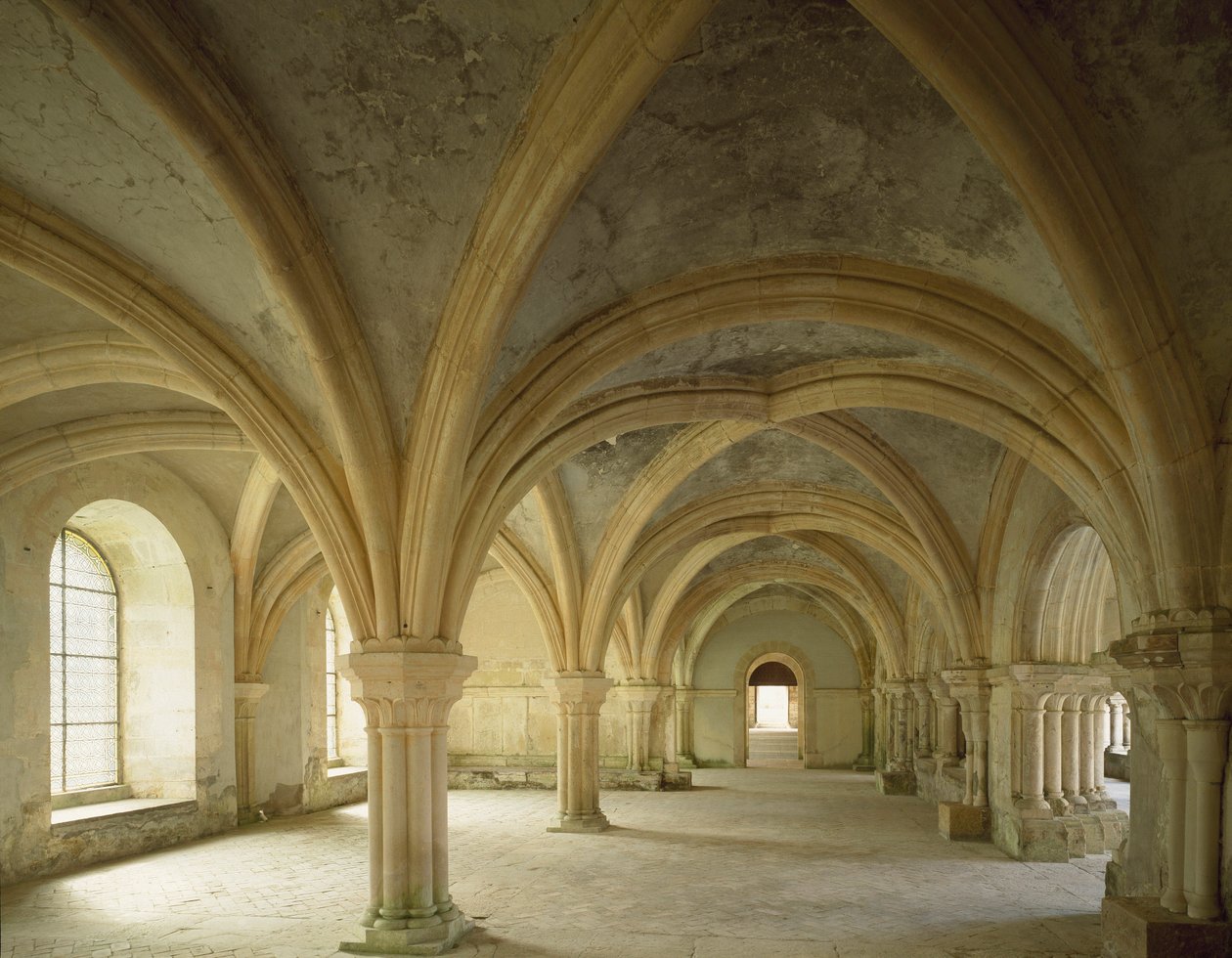 Utsikt over scriptoriet, møtestedet for samfunnet, cistercienserkloster grunnlagt på 1100-tallet. Fontenay, Gold Coast av Romanesque