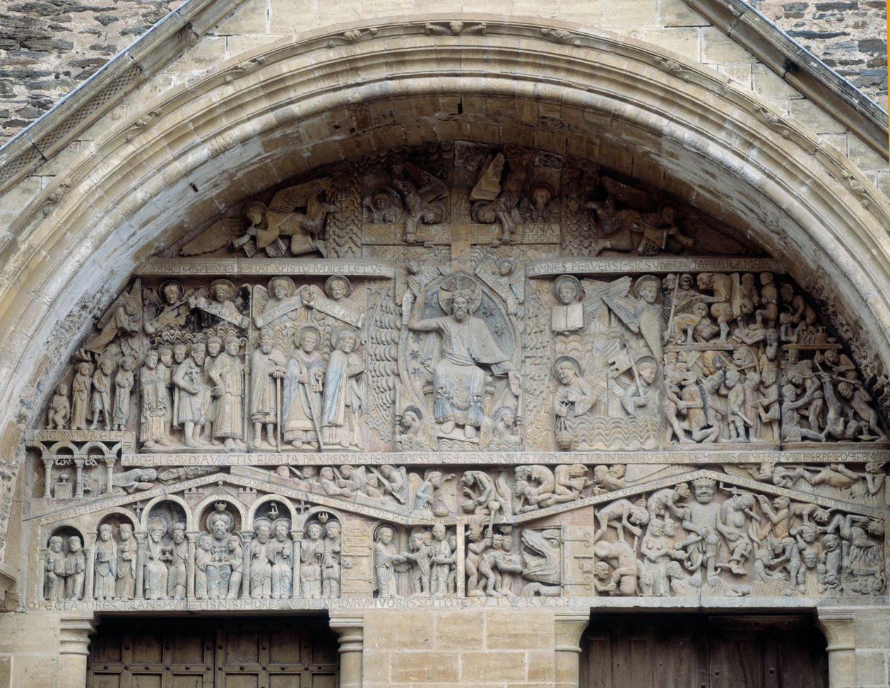 Utsikt over den siste dommens tympanon, Kristus mellom paradis og helvete (skulptur av Romanesque