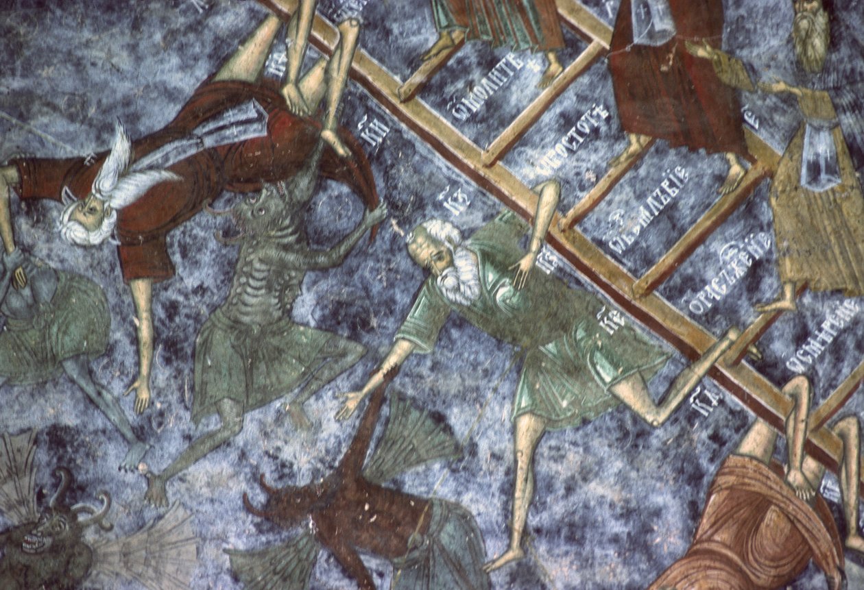 Syndere dratt av demoner, detalj av maleriet av himmelstigen, nordveggen til kirken, ca. 1601 av Romanian School