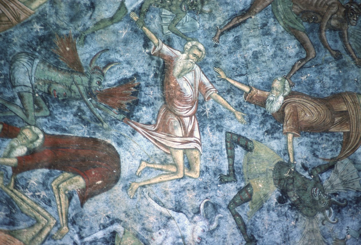 Syndere dratt av demoner, detalj av maleriet av himmelstigen, nordveggen til kirken, ca. 1601 av Romanian School