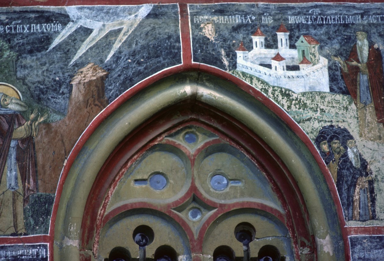 Gotisk vindu og livet til St. Pachomius, fra kirkens nordvegg, ca. 1601 av Romanian School