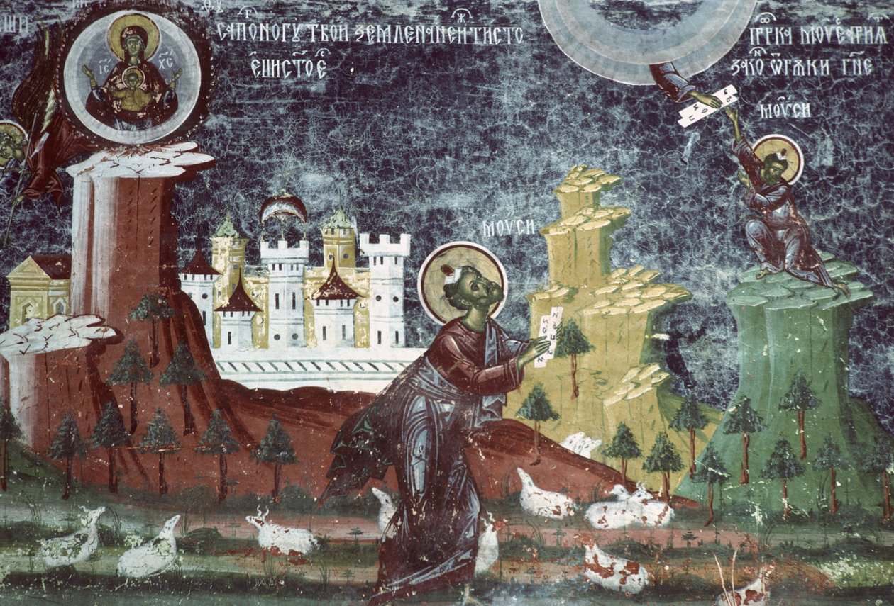 Moses på fjellet, sørveggen i kirken, ca. 1601 av Romanian School