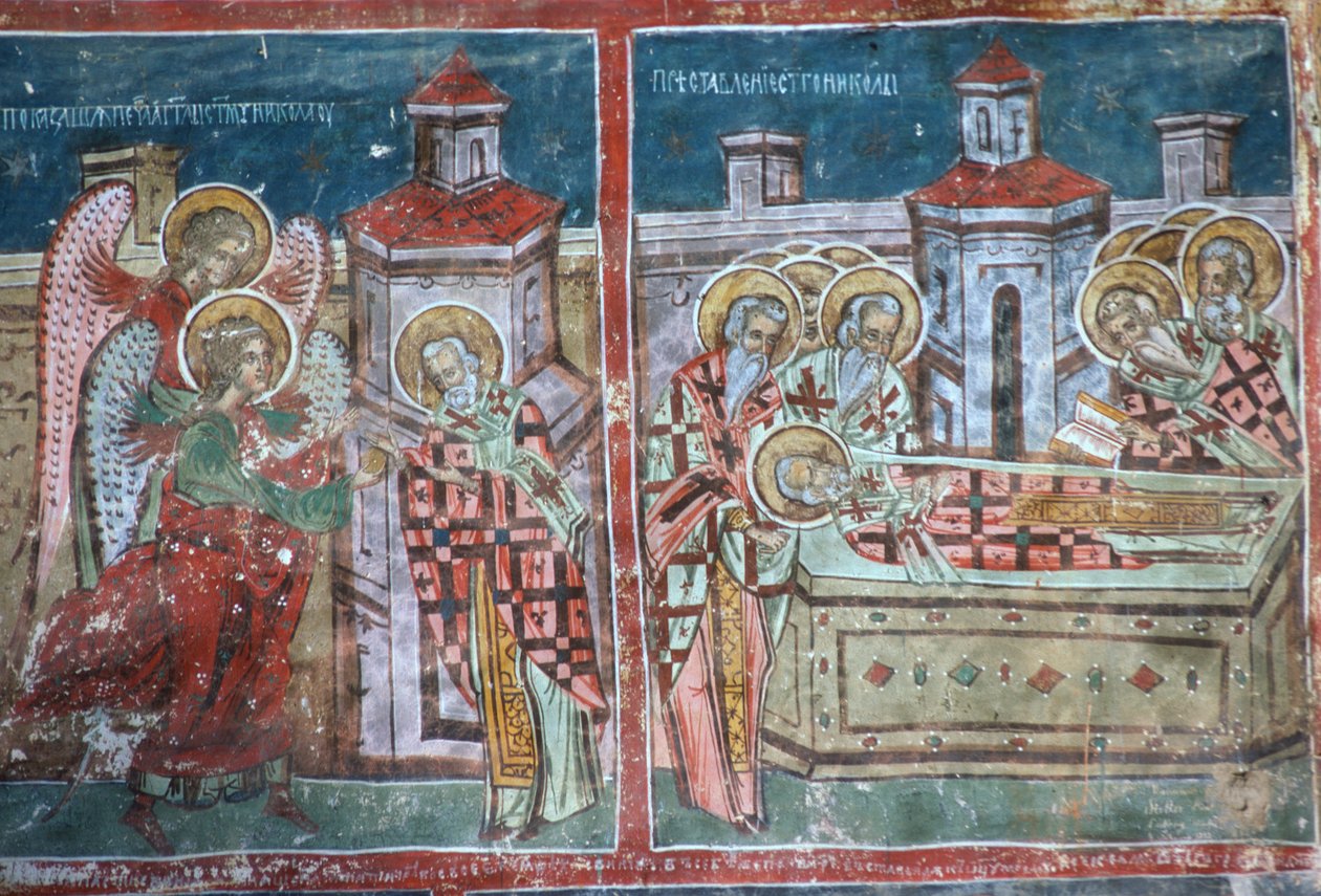 The Life and Death of St Nicholas, sørveggen til kirken, 1535 av Romanian School