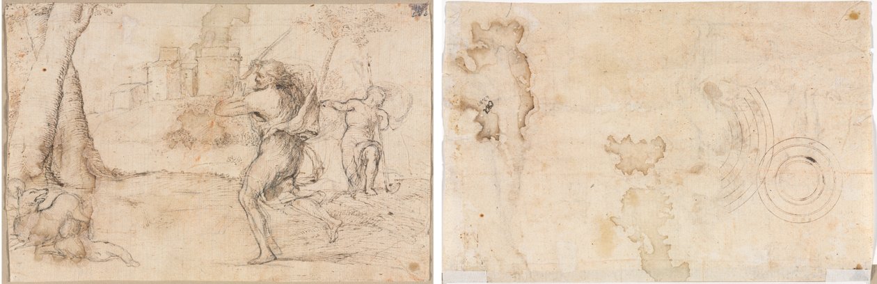 Romulus og Remus funnet av Faustulus (til høyre) konsentriske sirkler (verso) av Romanino
