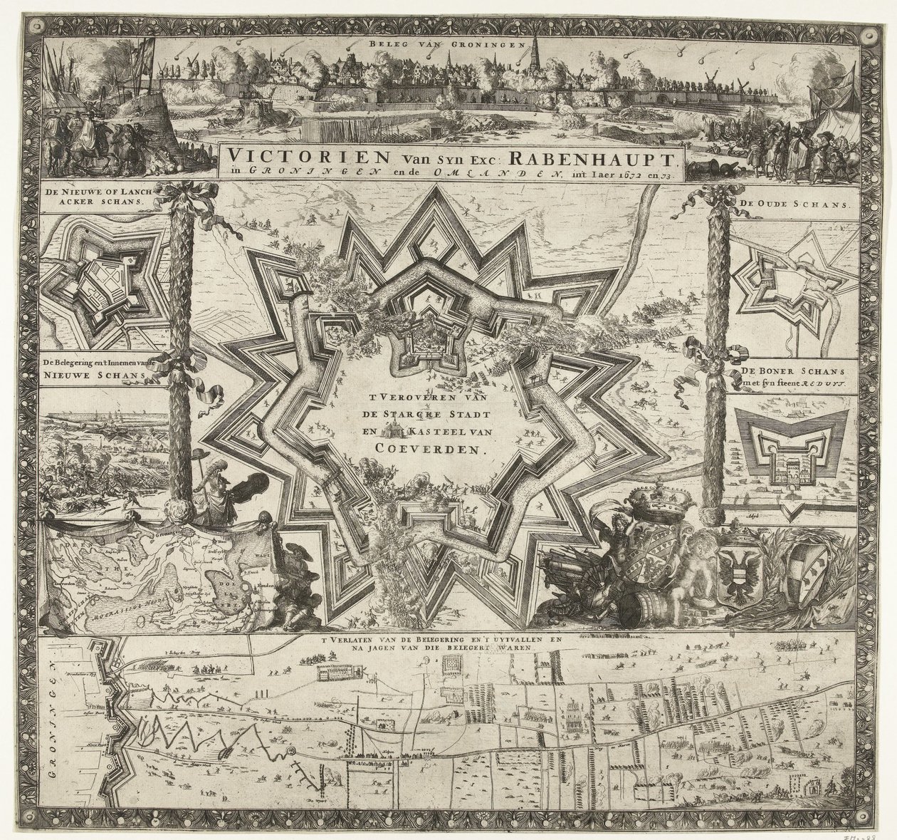 Seirer av Rabenhaupt i Groningen i årene 1672-1673 Victorien van syn exc. Rabenhaupt, i Groningen og Omlanden, int iaer 1672 og 73 (tittel på objekt) av Romeyn de Hooghe (attributed to)