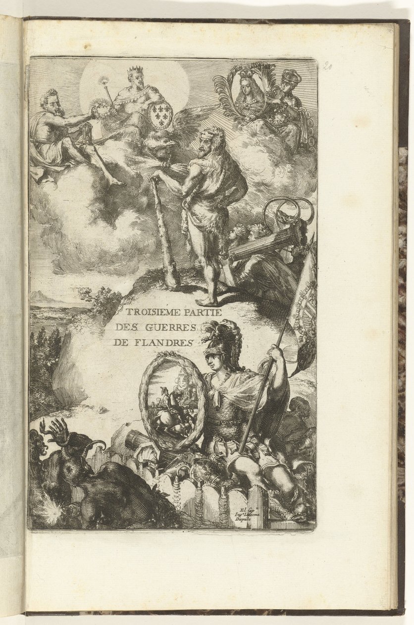 Titteltrykk for tredje del av Guerres de Flandres Troisieme partie des Guerres de Flandres (tittel på objekt) Guerres de Flandres (serietittel) av Romeyn de Hooghe (attributed to)