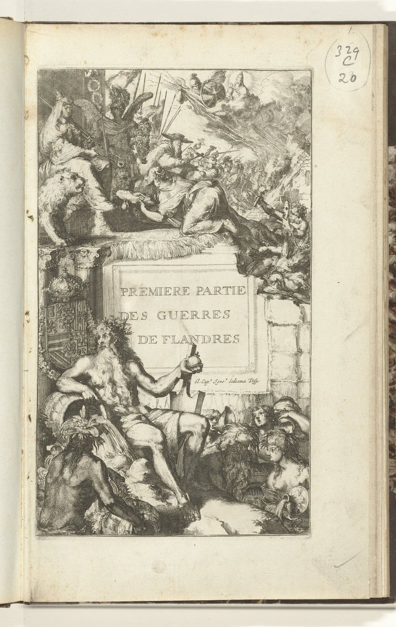 Titteltrykk for første del av Guerres de Flandres Premier partie des Guerres de Flandres (tittel på objekt) Guerres de Flandres (serietittel) av Romeyn de Hooghe (attributed to)