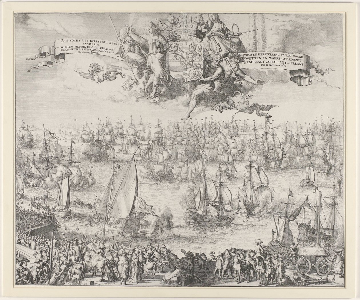 Reisen til Willem III til England, 1688 Sea Journey uyt Hellevoet Sluys av SKH Wilhem Henrik Av G. Ga. Prins av Orangeie Erfstadh. Lokk. og Adm. Gene. van De vereenigde staet / For restaurering av grunnlovene og sann religion i Engelant Sch av Romeyn de Hooghe (attributed to workshop of)
