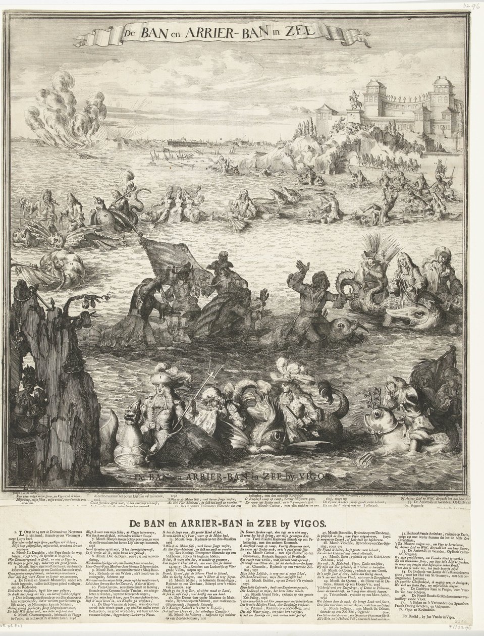 Tegneserie av inntak av sølvflåten ved Vigo, 1702 Forbudet og ankomstforbudet i sjøen (tittel på objekt) Forbudet og ankomstforbudet i havet ved Vigos (tittel på objekt) av Romeyn de Hooghe (possibly)