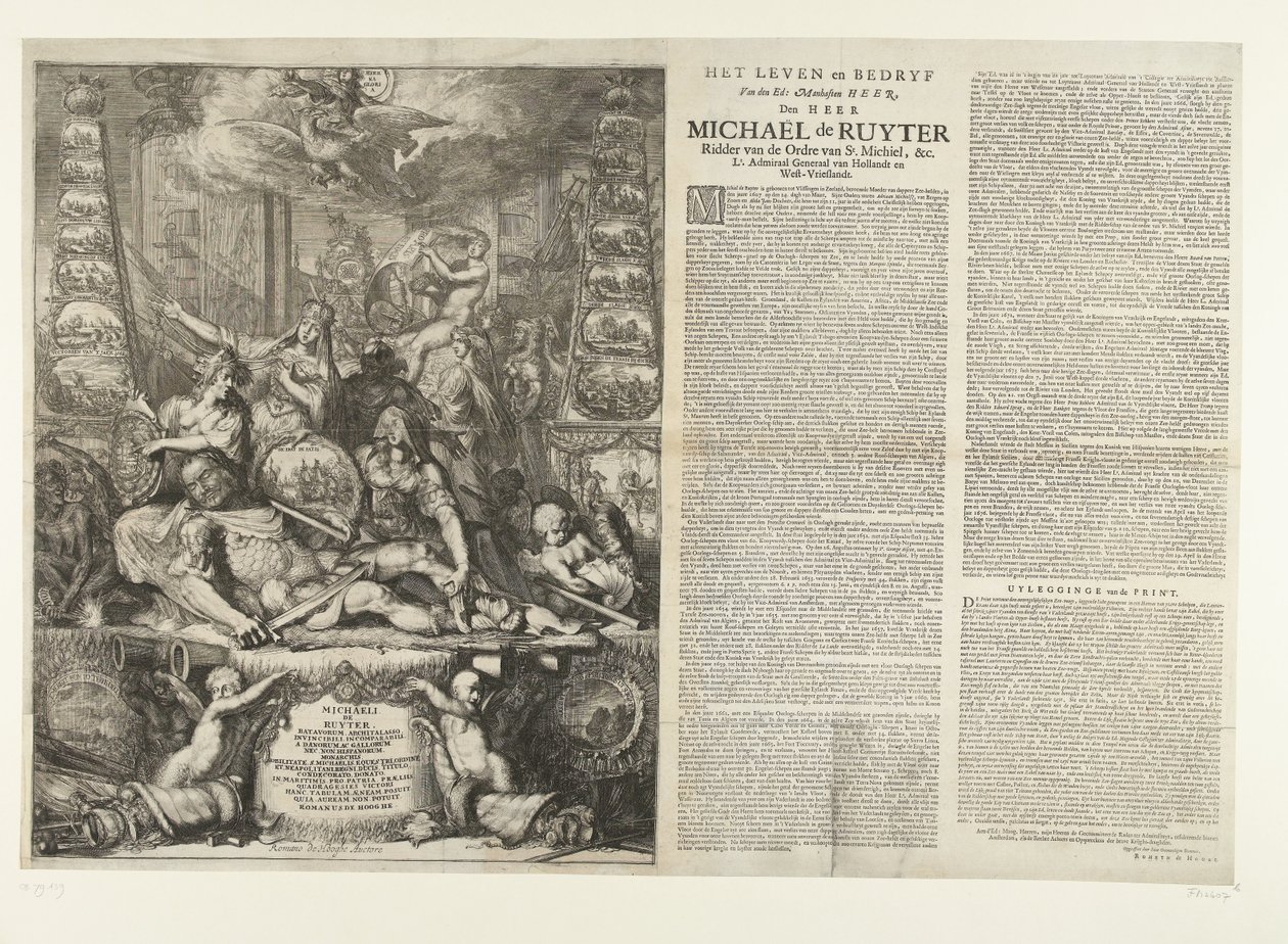 Allegori om Michiel de Ruyters død, 1676 Het Leven en Bedryf van den Ed: Manhaften Heer, Den Heer Michaël de Ruyter Ridder av St. Michiels orden, &c. Lt. Generaladmiral av Hollandt og West-Vrieslandt (tittel på objekt) av Romeyn de Hooghe