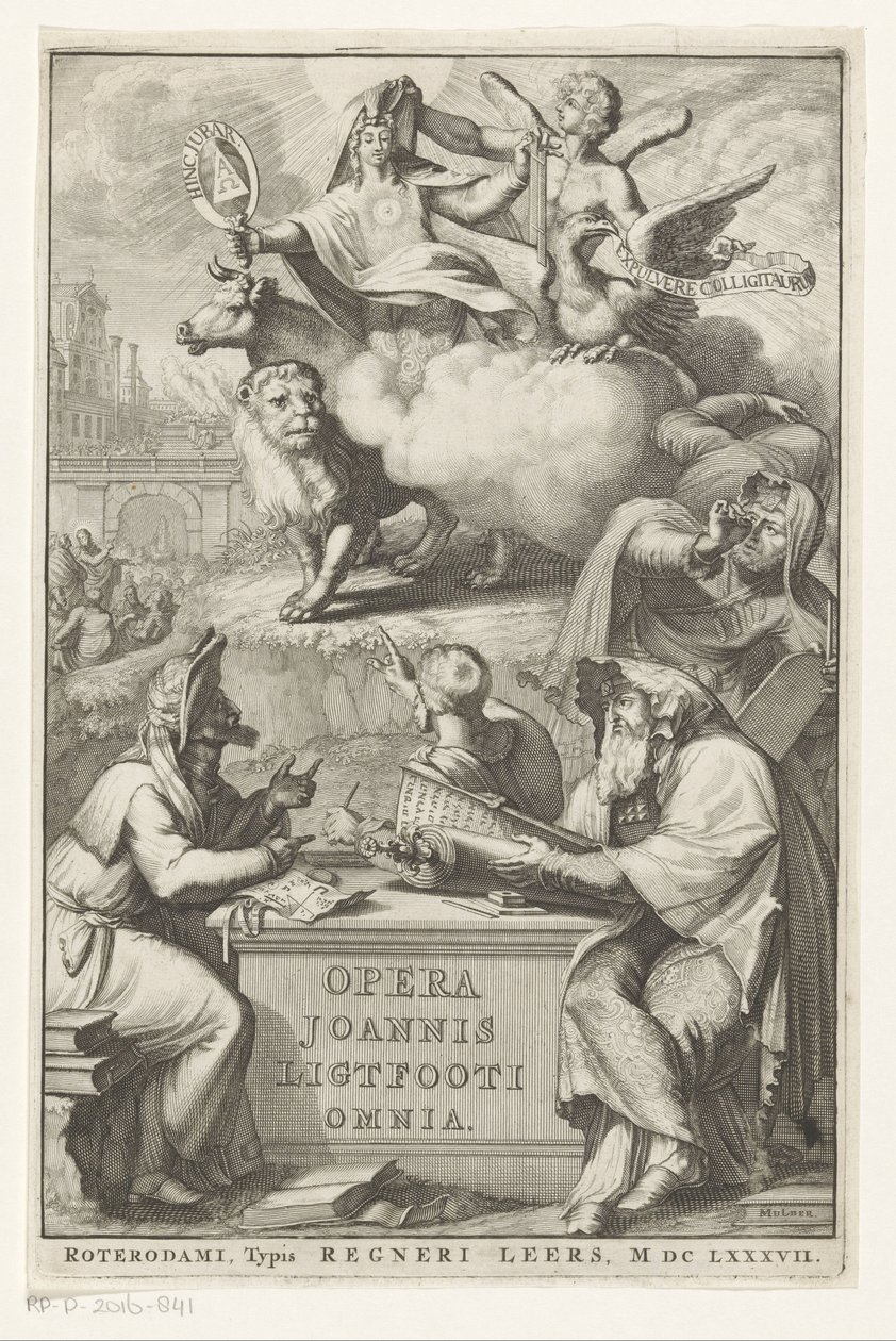Allegorisk figur med jødisk mann Tittelside for: John Lightfoot, Opera Joannis Ligtfooti omnia, 1686 av Romeyn de Hooghe