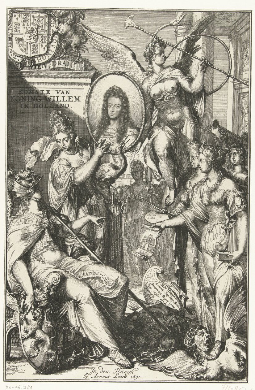 Allegorisk frontispice med portrett av William III Ankomst av kong William i Holland (tittel på objekt) av Romeyn de Hooghe