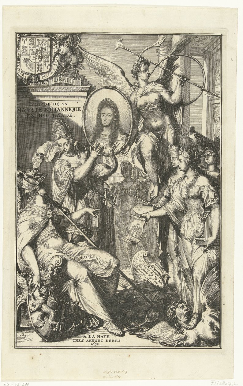 Allegorisk frontispice med portrett av William III Voyage de sa Majeste Britannique en Hollande (tittel på objekt) av Romeyn de Hooghe