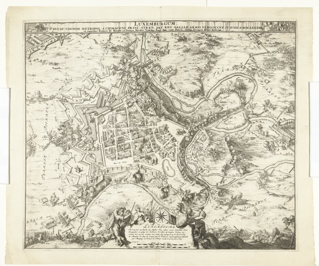 Bombardement av Luxemburg fra maarschalk de Créquy, 1684 Luxemburg, leder. etternavn metropol en chimacens-prins stren def. reg. Men Gaulske armer okkuperte ham. 4. juni Ao. 8834 (tittel på objekt) av Romeyn de Hooghe