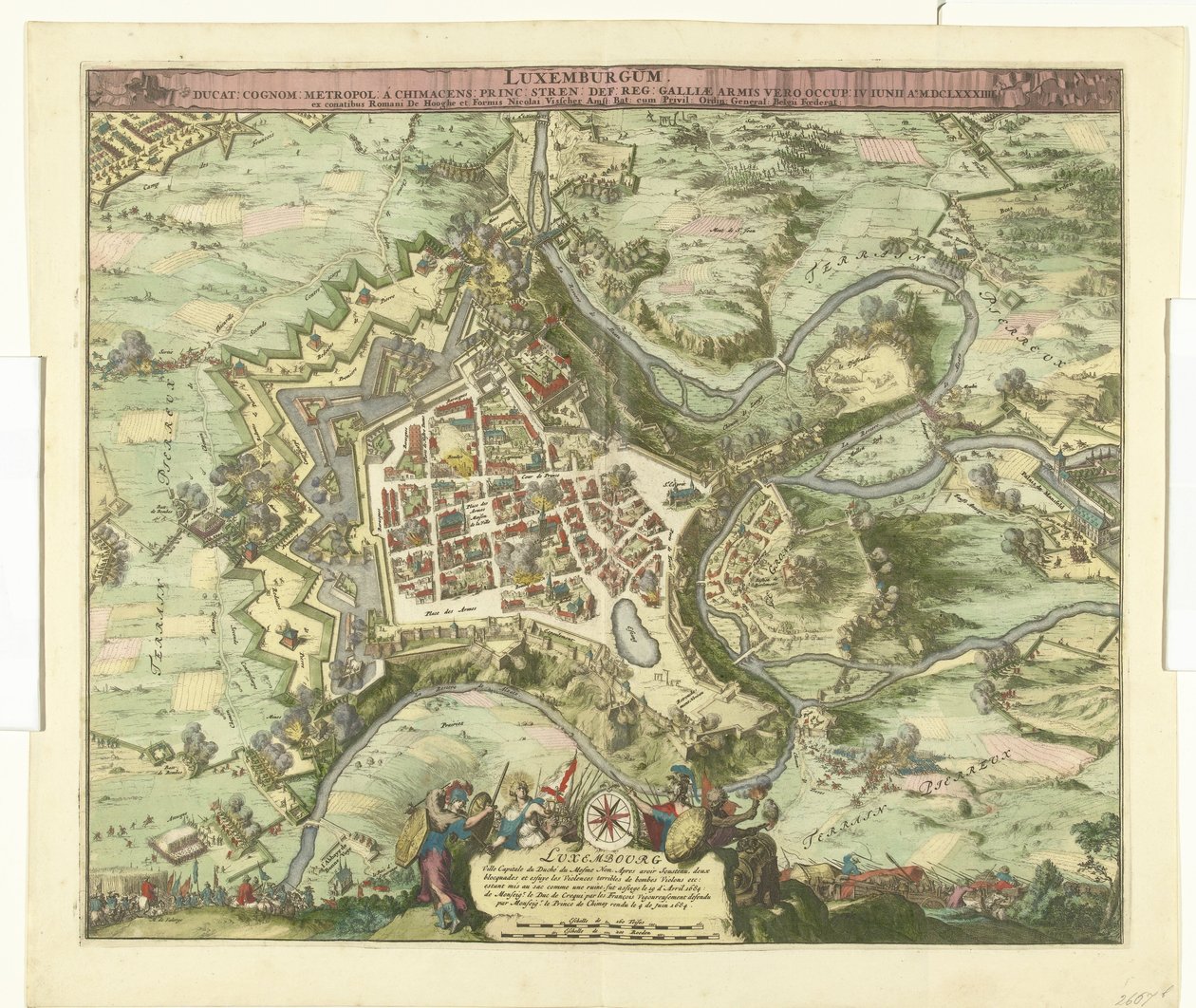 Bombardement av Luxemburg fra maarschalk de Créquy, 1684 Luxemburg, leder. etternavn metropol en chimacens-prins stren def. reg. Men Gaulske armer okkuperte ham. 4. juni Ao. 8834 (tittel på objekt) av Romeyn de Hooghe