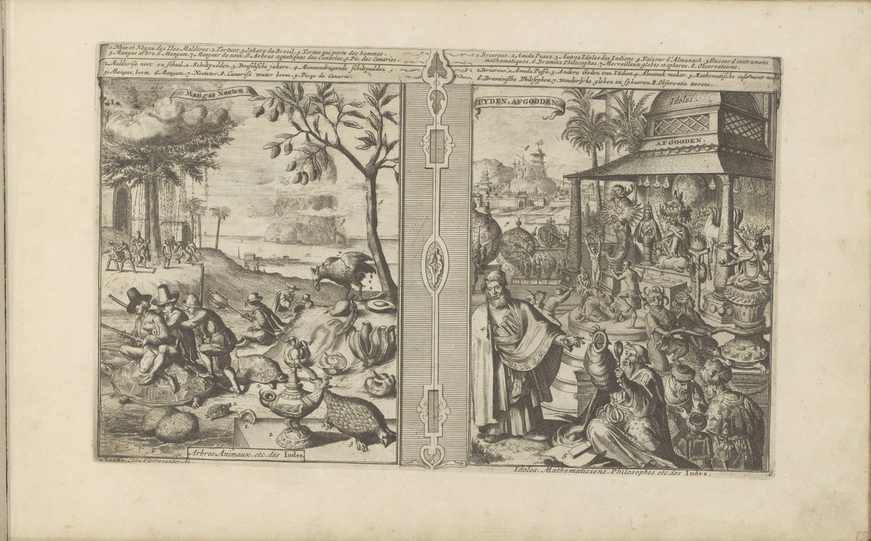 Bomen, dieren en noten; Verering van godsbeelden Mangas Nooten / trær, dyr, etc. of India // Tyden, Afgoden / Idoler, matematikere, filosofer etc. of India (tittel på objekt) Øst- og Vestindia og andre steder (serietittel) av Romeyn de Hooghe