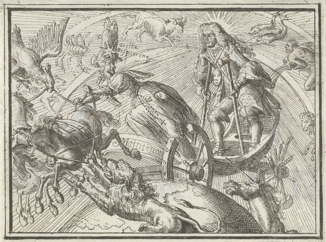 Karikatur som viser Ludvig XIV som Apollo i sin vogn, 1701 av Romeyn de Hooghe