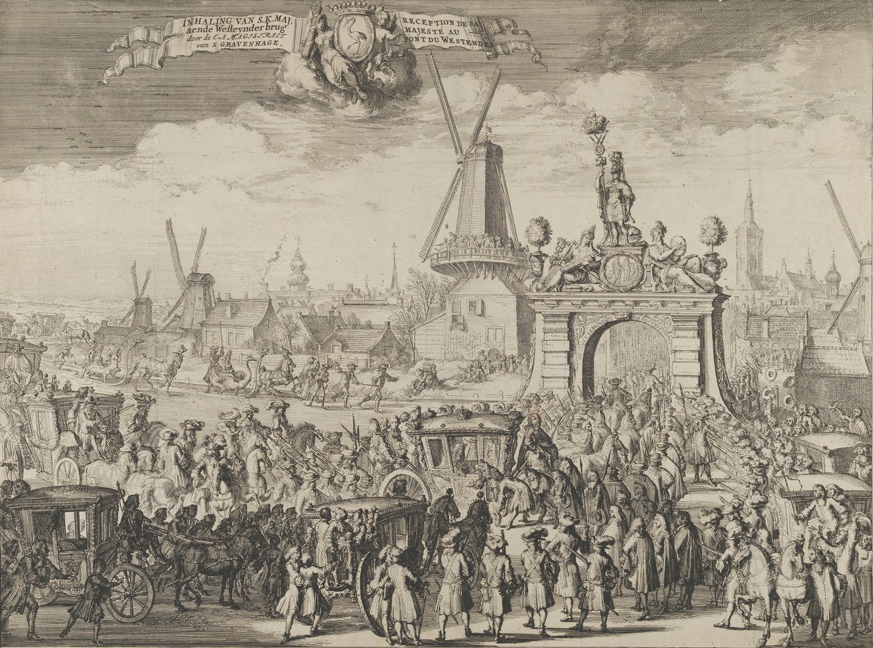 Vilhelm III:s inntog i Haag Inhaling van S.K. Maj. aende Westeynder brug dør ..., 1691. av Romeyn de Hooghe