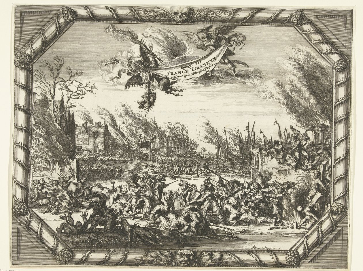 Franske grusomheter i Bodegraven og Zwammerdam, 1672 Spiegel der France Tirannye bønnfalt ved Hollantsche Dorpen (tittel på objekt) av Romeyn de Hooghe