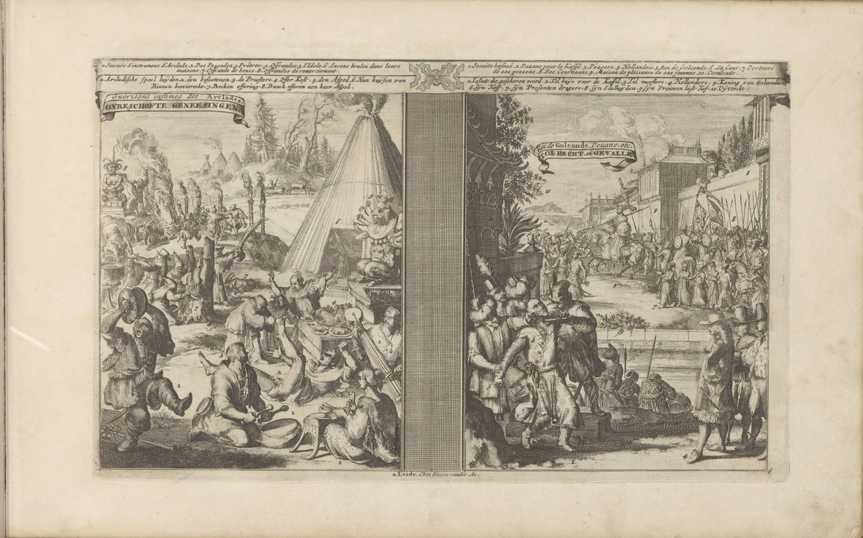 Leger i Arclada; Jesuitt barbert av en bommester i Golkonda Guerisons infames des Arclades / Rude Healings // Roi de Golconde, Douane, etc / Tolrecht, en Cases (tittel på objekt) Les Indes Orientales et Occidentales et autres av Romeyn de Hooghe