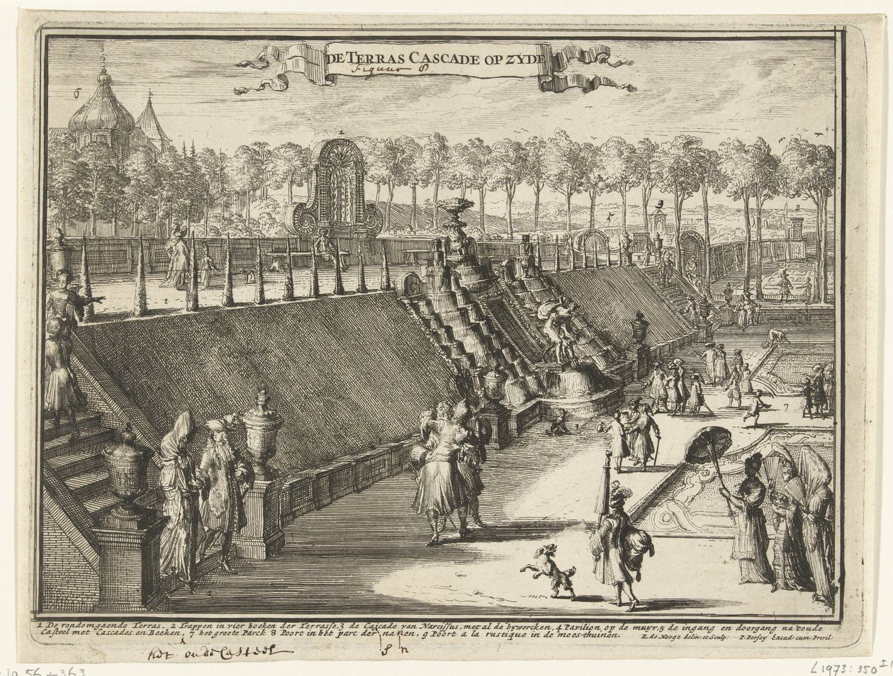 Utsikt (fra siden) av en terrassefoss i parken Paleis Het Loo The Terrace Cascade på siden (tittel på objekt) Utsikt over Paleis Het Loo, de tilhørende bygningene og den tilhørende parken (serietittel) av Romeyn de Hooghe