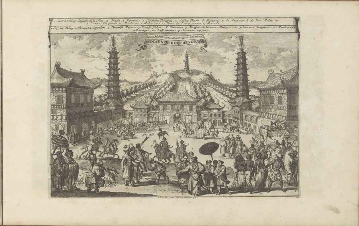Hof in Peking Indiaense Kleedingen / Cours, Habillemens, Salutations, etc. des Indiens (title on object) Les Indes Orientales et Occidentales et autres lieux (series title)   1326958   no       norwegian Successfully Translated  Original: Illustration nr.  av Romeyn de Hooghe