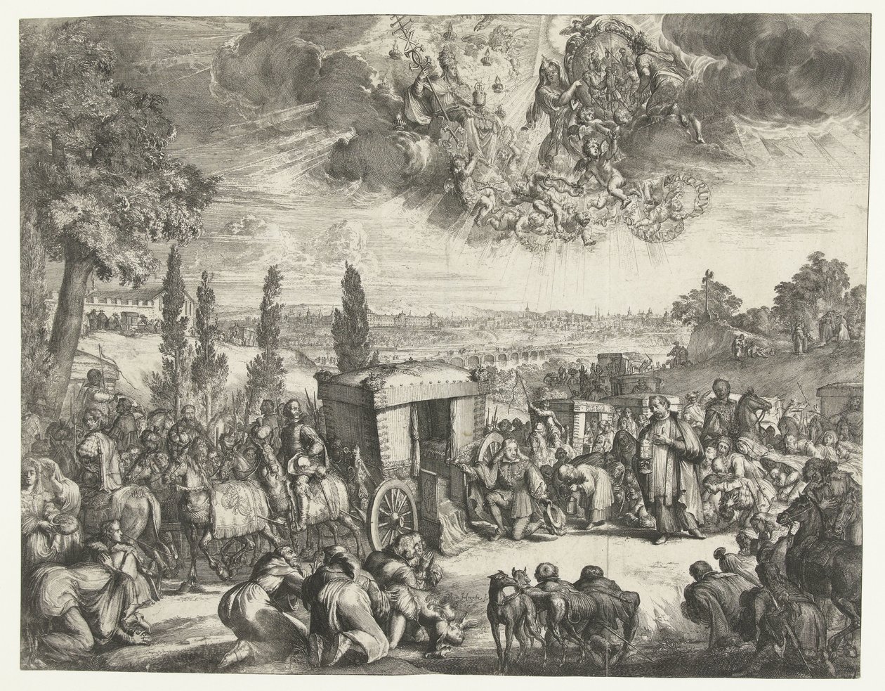 Karl II av Spania kneler ved en vogn av Romeyn de Hooghe