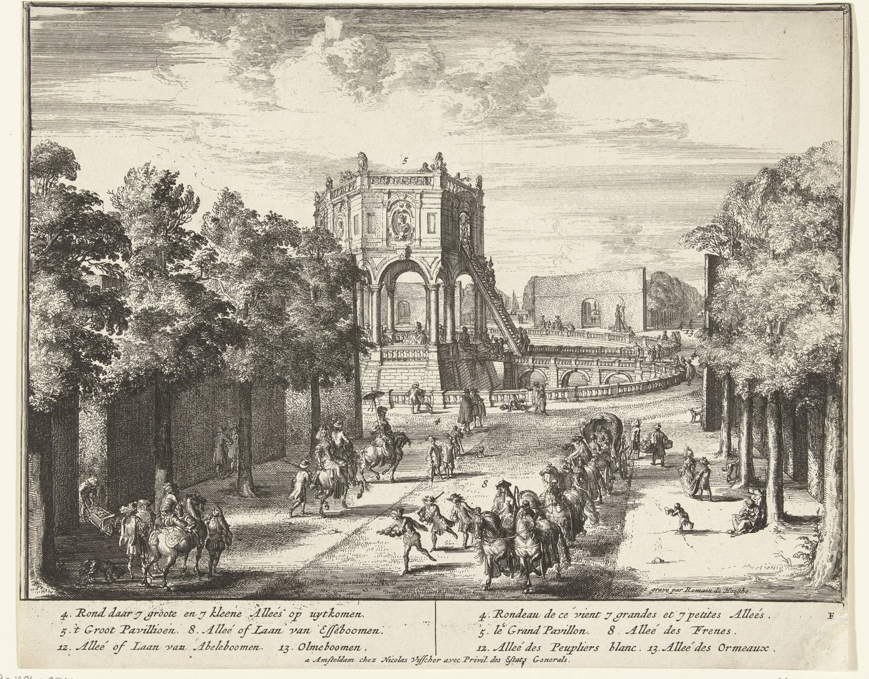 Avenue i parken Enghien som fører til en paviljong The Park of Enghien (Enghien) (serietittel) av Romeyn de Hooghe