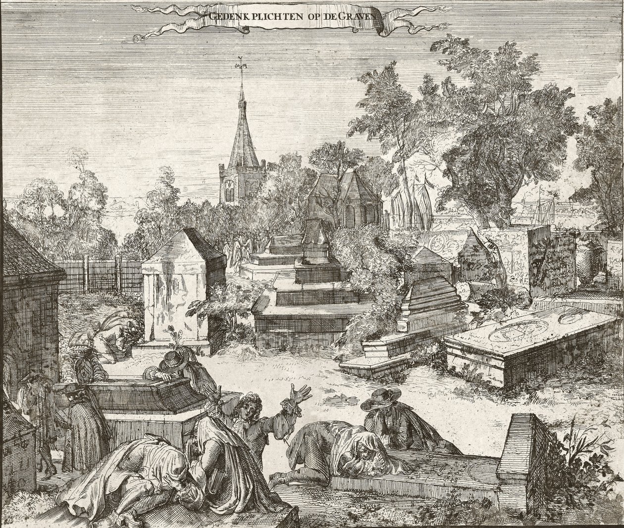 Sorg på den portugisisk-jødiske kirkegården til Beth Haim av Ouderkerk på Amstel i Nederland - Gravering av Romeyn de Hooghe (1645-1708) av Romeyn de Hooghe