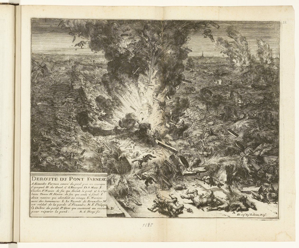 Sprengning av skipsbroen til Parma over Schelde, 1585 Deroute du Pont Farnese (tittel på objekt) Guerres de Flandres (serietittel) av Romeyn de Hooghe