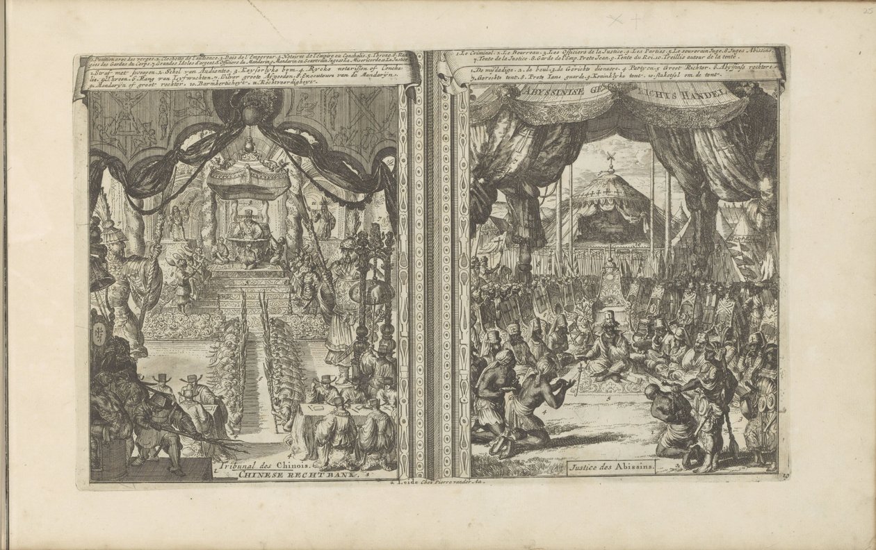 Rechtbank i Kina en Abbesinië Kinesisk rechtbank / tribunal des Chinois // Abyssinise Gerichts Handel / Justice des Abissins (tittel på objekt) Øst- og Vestindia og andre steder (serietittel) av Romeyn de Hooghe