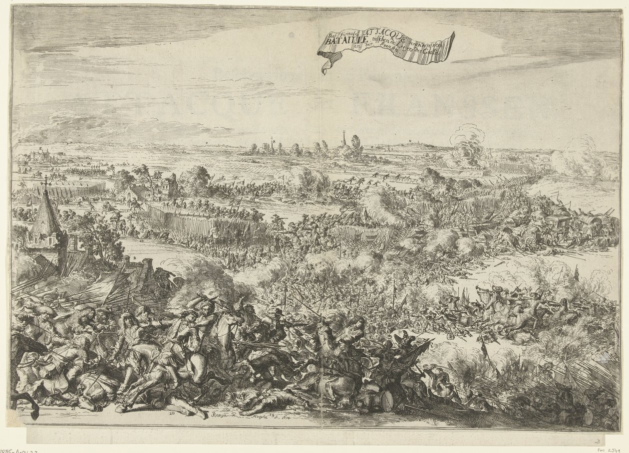 Slaget ved Seneffe, 1674 Seer rasende Attacque forvandles til en Bataille mellom Armies of the Geallie. en der Fransen (tittel på objekt) Beskrivelse av Furieuse Attacque der Franssen, On the Bagagie of the Army of the Allies: Blir til en sc. av Romeyn de Hooghe